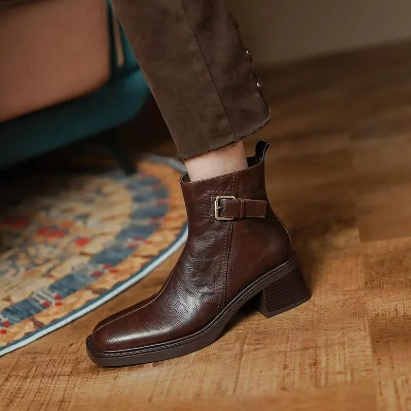 Short Boots for Women 2024 New Round Toe Square Heel Side Zipper Women's Boots Retro Versatile Leather Mid-heeled Shoes Female image 3