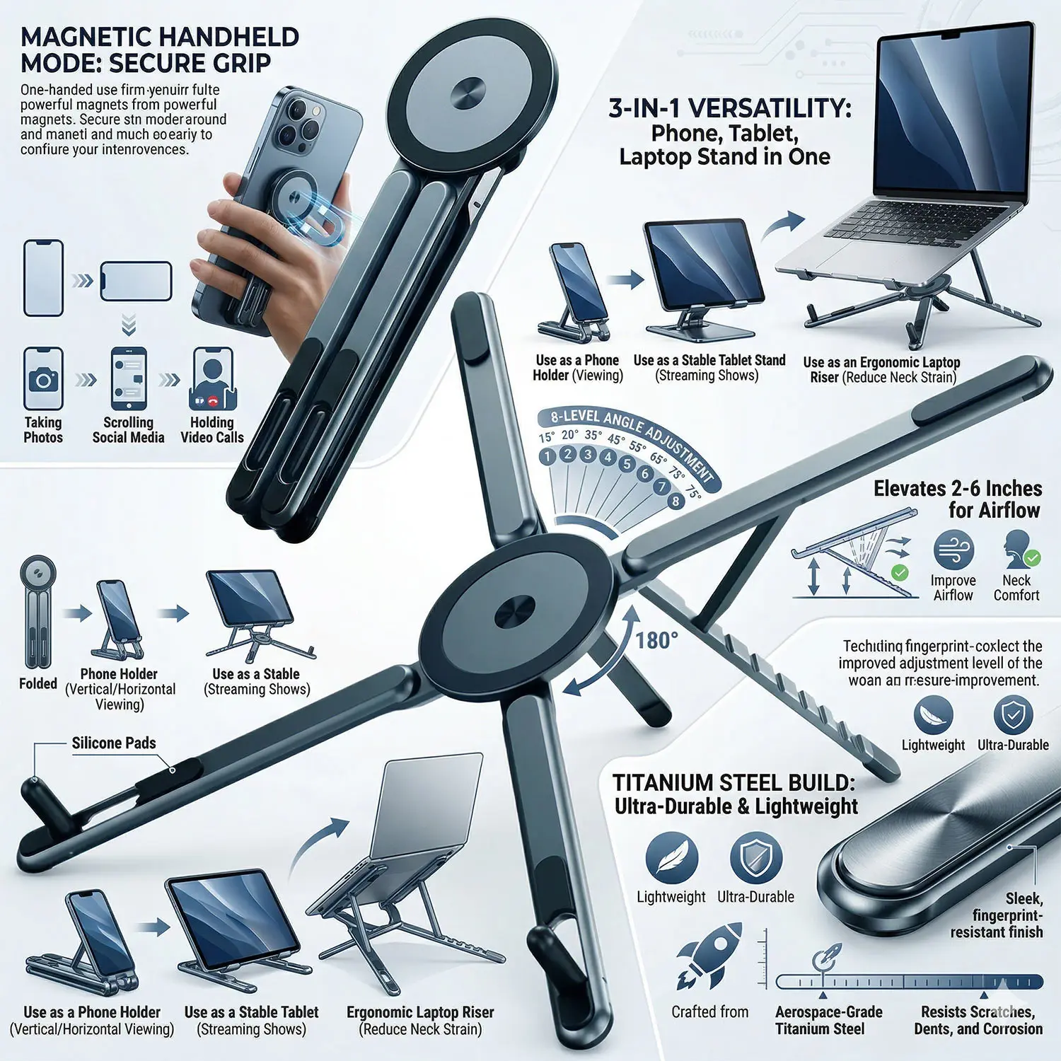 Multifunktionaler Magnetischer Handyhalter Faltbarer Selfie-Stick Stativ Tragbarer Ständer für iPhone iPad Tablet Laptop