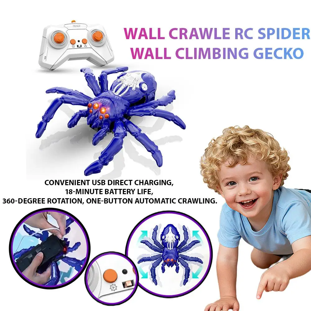 RC Wall-Climbing Spider Toy for Kids Electric Remote-Controlled Realistic Reptile Model - Creative Prank Toy Fun Gift for Kids