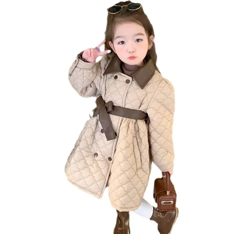 Girls' cotton-padded PU leather clip cotton thickened  coat medium long coat 24 autumn  winter new children's clothing