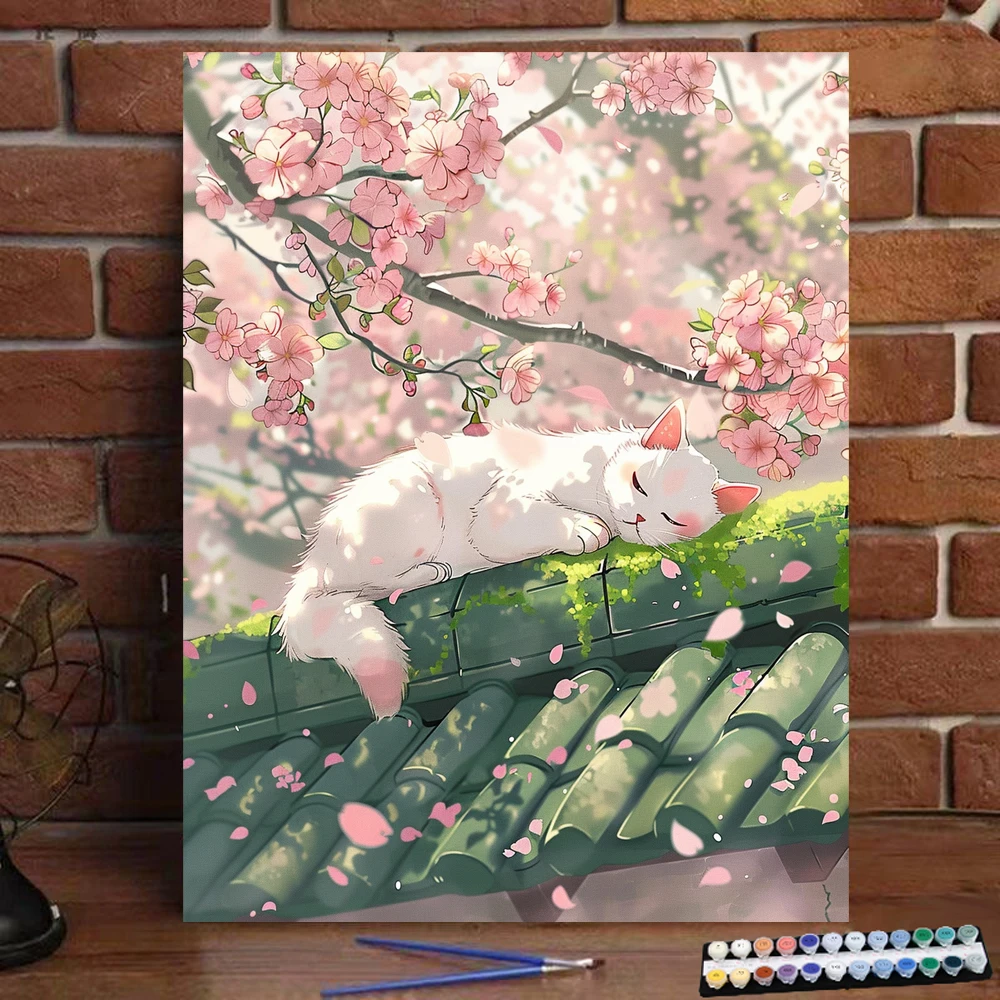 Digital Painting Cat Sleeping Leisurely Under the Peach Blossom Art and Culture Digital Painting Handmade Adult Children's Gift