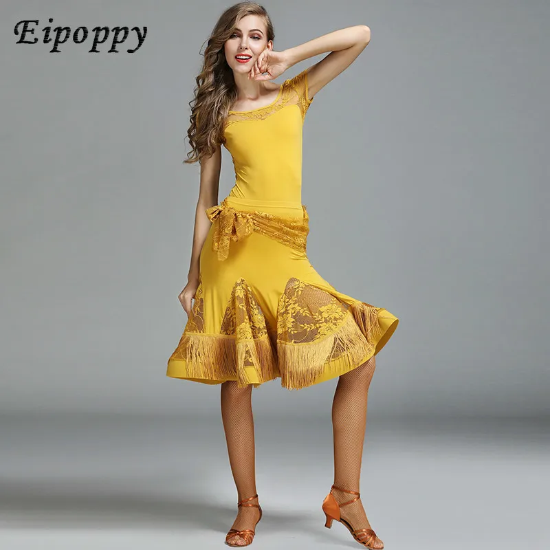 Erwachsener Latin Tanz anzug Eis Seide Latin Tanzrock Fransen Übungs kleidung neu