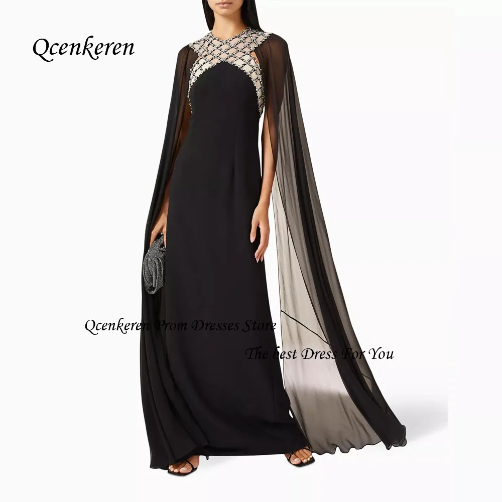 Qcenkern Black High Neck Prom Gown Crepe Mermaid Formal Evening Gown Floor-Length Long Sleeve Party Dubai Gown