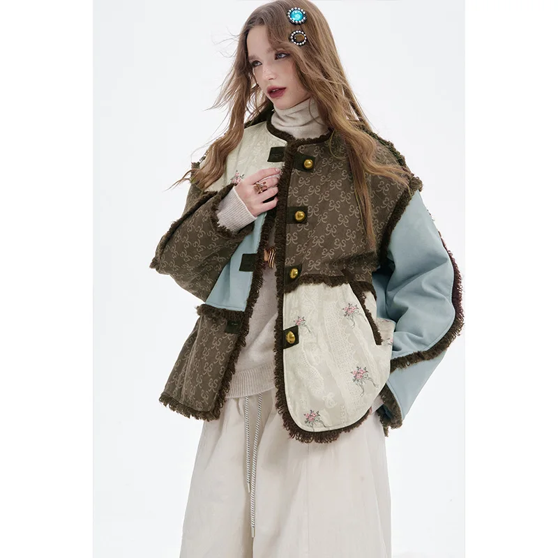 ELFSACK 2025 Winter New Arrivals Y2K Vintage New Oriental Style Single Breasted Patchwork Plush Trim Round Neck Coat For Women