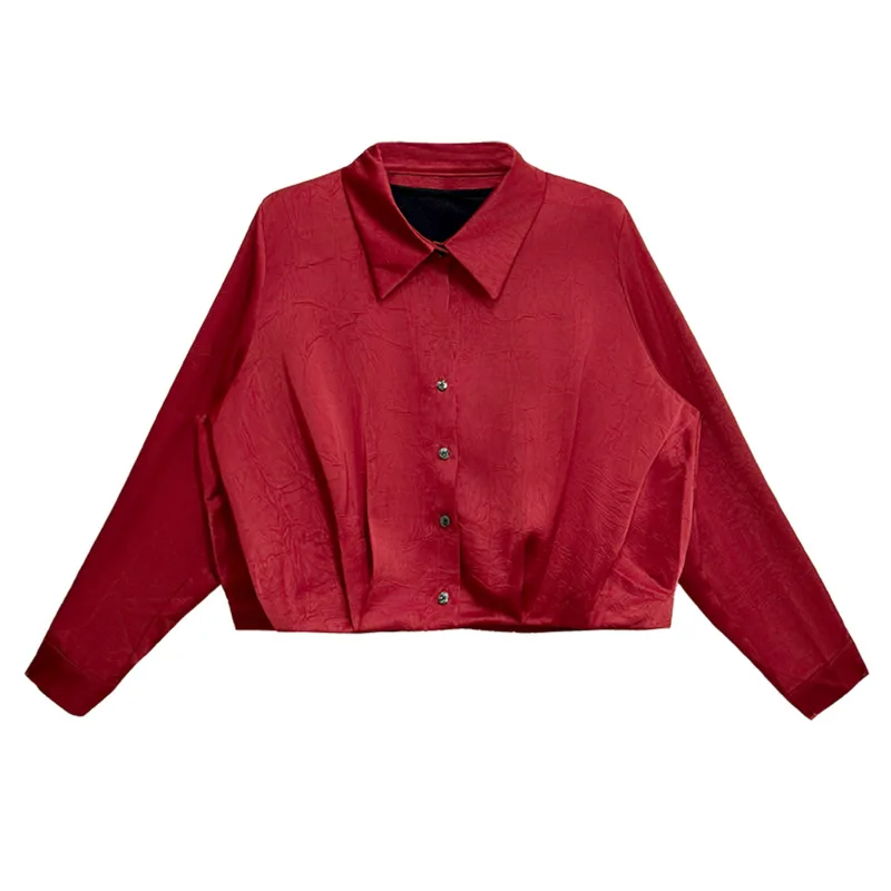 HKSH Women Chic Short Shirt Turn-down Collar Long Sleeves Single Breasted Pleated Korean Blouse Retro Ins Top New Spring HK19706