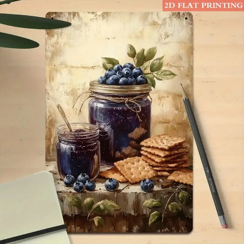 2D Flat - 2D Vintage Metal Sign | Blueberry Jam And Biscuits Design, 20X30 cm, Ideal For Country Farmhouse Kitchen Decor, Showca
