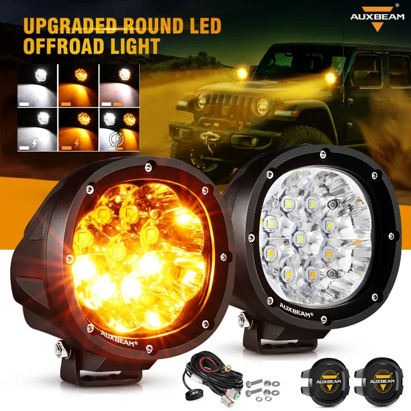 AUXBEAM 4 Inch 90W 6 Modes LED Driving Lights Work Fog Light for Truck Pickup Offroad (White&Amber)