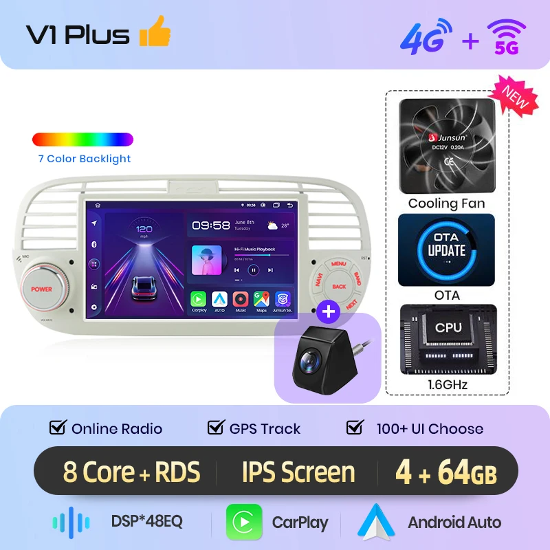 Junsun 7 inch draadloze CarPlay Android Auto autoradio voor Fiat 500 500C Abarth 2007-2015 Multimedia draadloze Apple CarPlay Smart Intelligent Systems IPS touchscreen stereo videospeler 2 Din - afbeelding 1