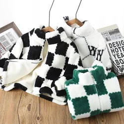 Boys Jackets Winter Velvet Coats for Kids Checkerboard Pattern Children Cardigan High Neck Girls Zipper Sweater Baby Outerwear