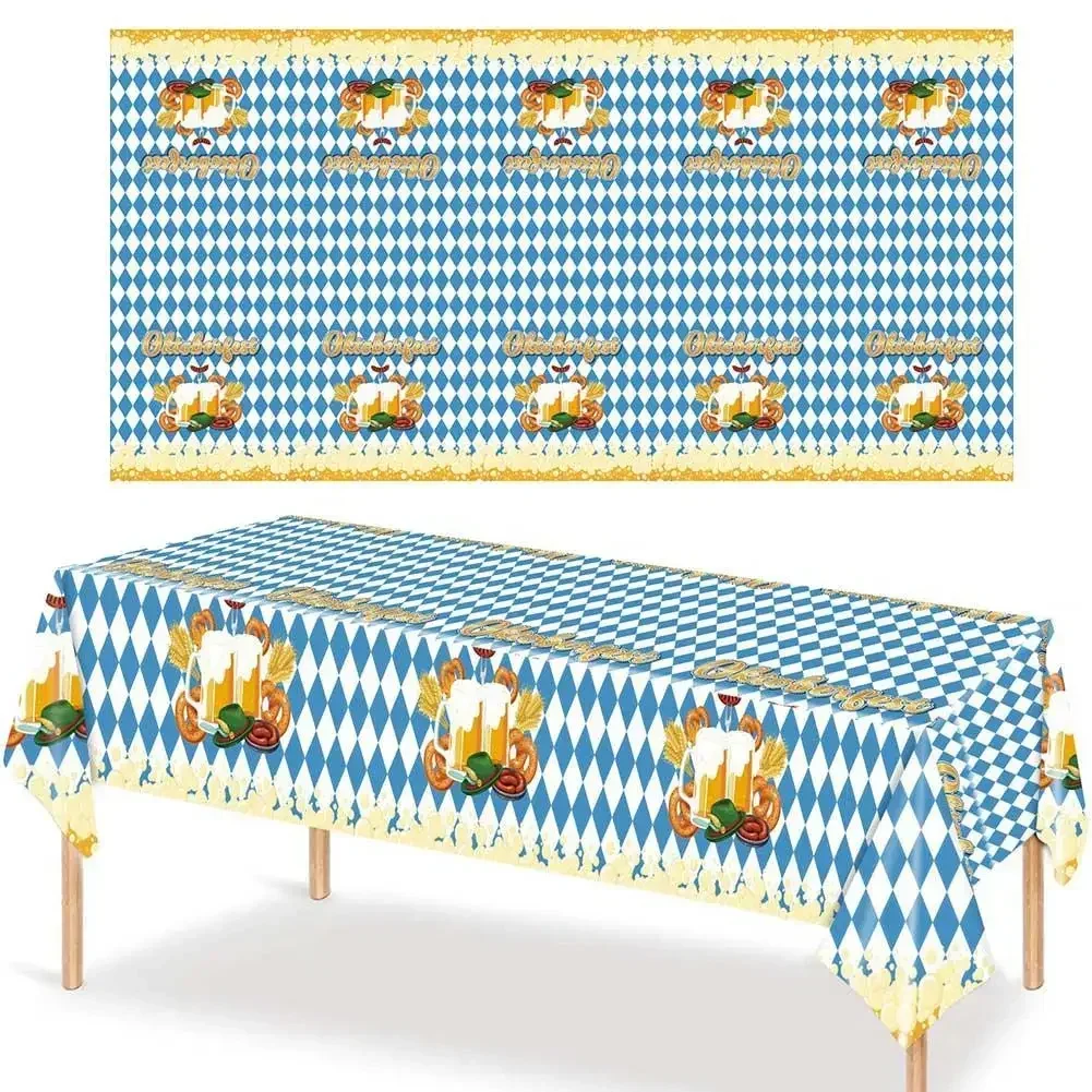 Oktoberfest Disposable Tablecloth Flag Toasts Beer Cutlery Banner Festival Decor Blue White Table Cover Home Holiday Party Suppl