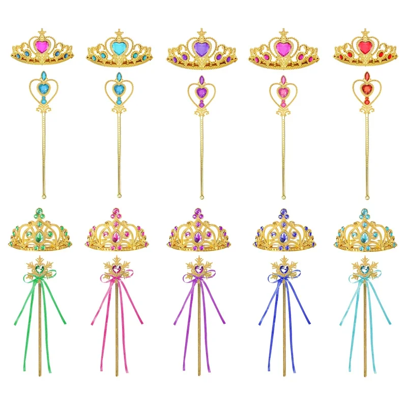 Girls Princess Crown Magic Wand Accessories Party Cosplay Elsa Anna Rhinestone Headband Hair Bands For Kids Hairbands Gifts Toys