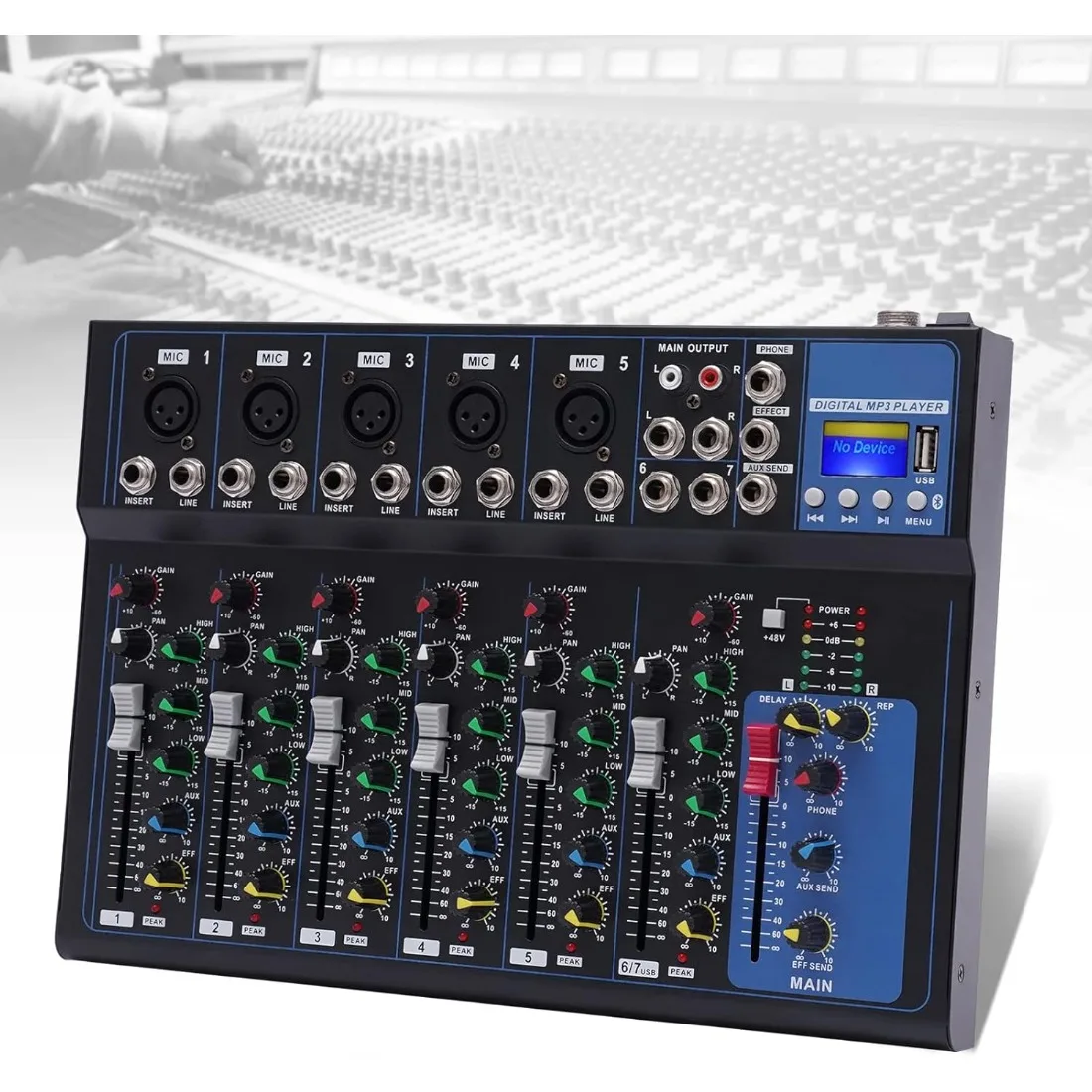 Professioneller 7-Kanal-Audiomischer mit Bluetooth, 48 V Phantomspeisung und 6 EQ-Modi, kompaktes DJ/PA-Soundboard für Live-Auftritte