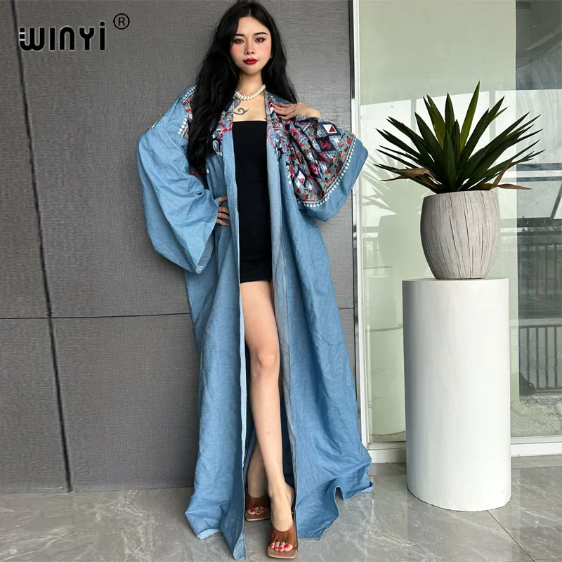 WINYI Embroidered soft denim cardigan Women coat Loose Long Dress elegant Party Boho maxi beach Holiday Swimming Cover Up Kimono