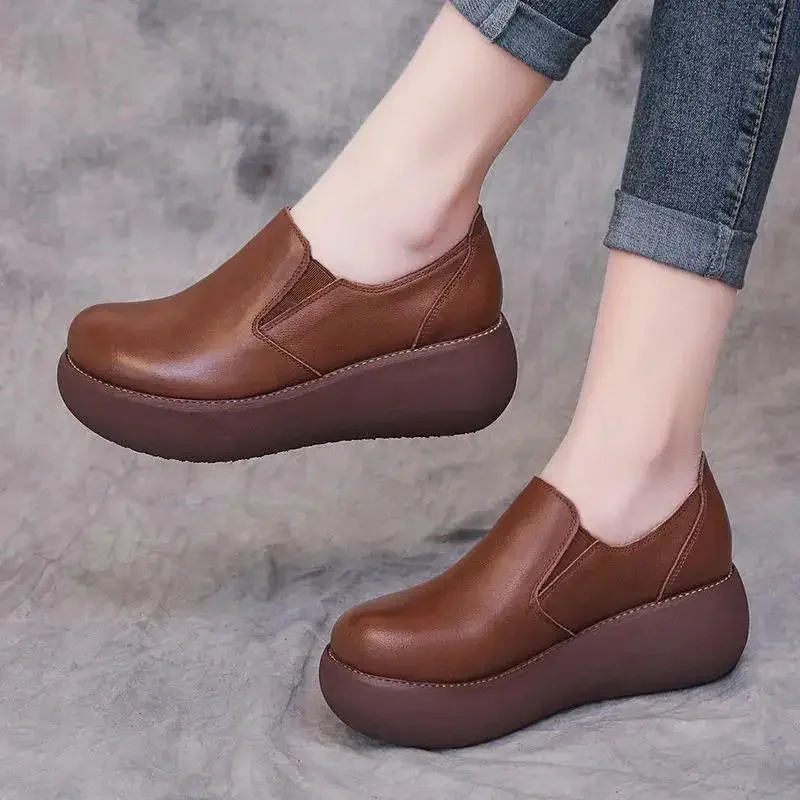 2023 leather Wedges Shoes loafer round toe platform Pumps slip on Leisure party office lady casual shoes