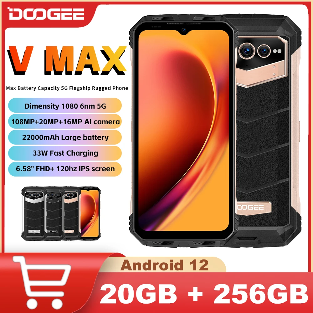 DOOGEE V Max 5G Rugged Phone 12GB + 256GB 6.58 "FHD + Display 22000mAh 33W 108MP fotocamera Dimensity 1080 NFC Smartphone Android