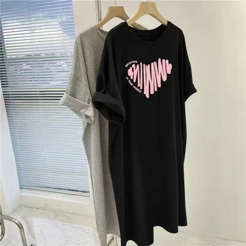 Korean version plus size lazy T-shirt dress women's summer 2026 new mid length skirt fat mm casual straight tube heart skirt