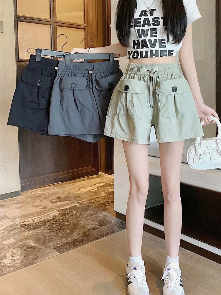 

Женские летние повседневные брюки с двумя карманами, новые свободные шорты с широкими штанинами, модные универсальные шорты с высокой талией в рабочем стиле