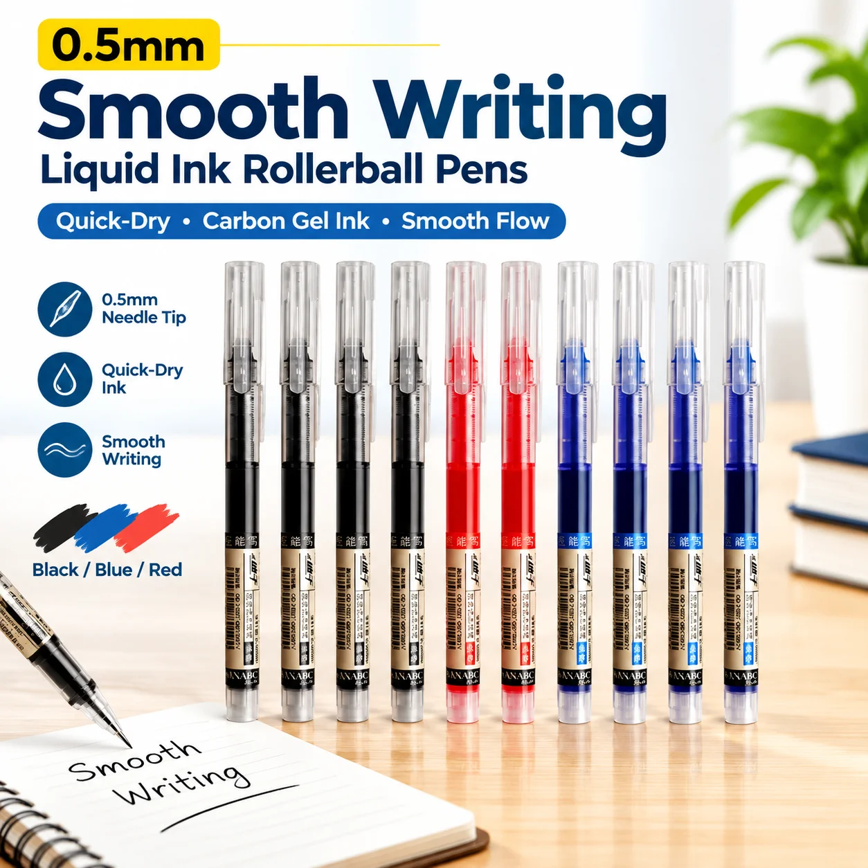 0.5mm Needle Tip Liquid Ink Rollerball Pens Quick-Dry Carbon Gel Ink Smooth Writing Black Blue Red