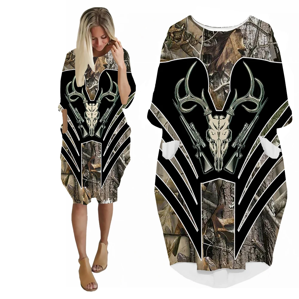 SONSPEE Jungle Animal Harajuku Fashion 3D Printing Women's Dress Hunting Deer Pockets Skirt Personality Long Sleeve Hip Hop Gown