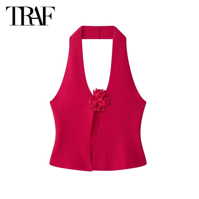 

TRAF Red Floral Halter Tops 2025 Women's Sexy Elegant Short Tank Vest Tops Fashion Casual Y2k Backless Cropped Tops For Female