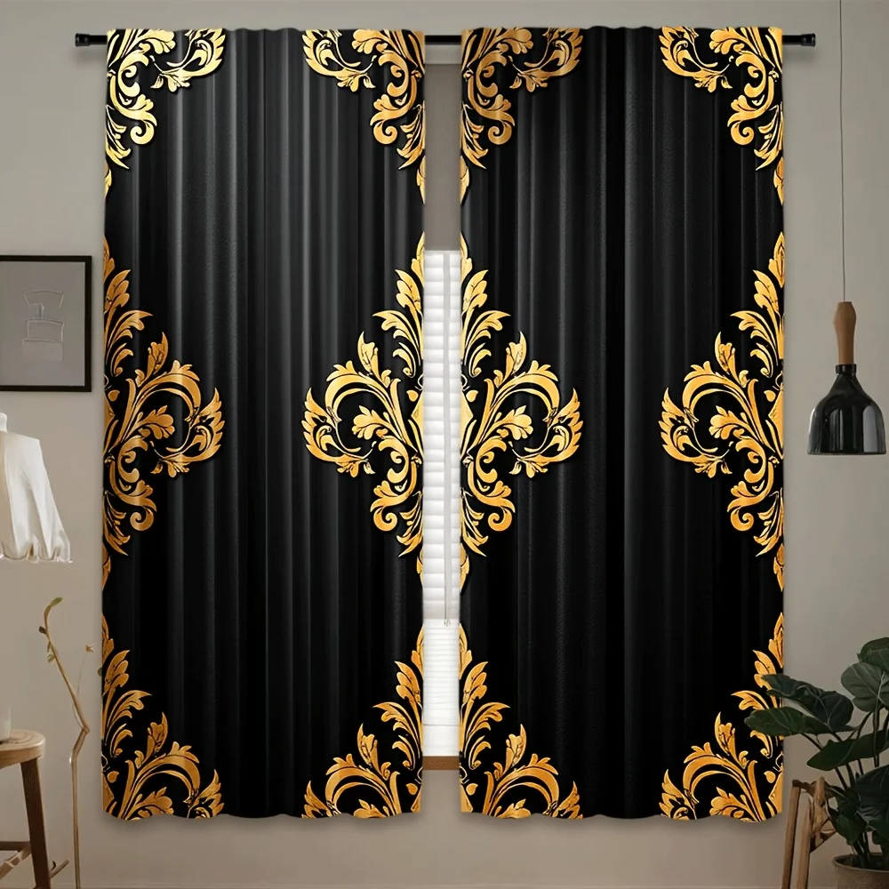 Luxurious Black and Gold Baroque Damask Curtain Panels Elegant Theater Drapery Window Decor for Living Room Bedroom Home Decorat