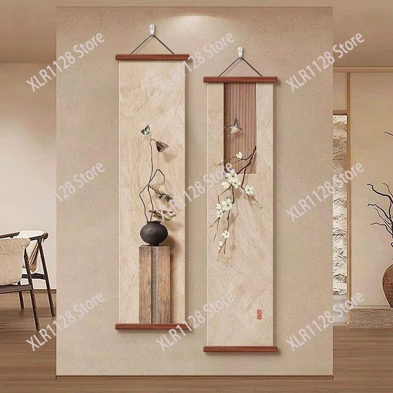 

New Chinese Style Vertical Lotus Wall Art Long Canvas Painting for Hallway Corridor Entrance Decor