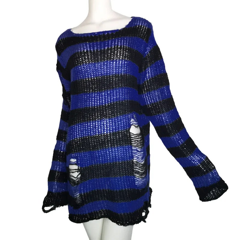 2025 Hole Tearing Y2k Medium to Long Length Sweater for Women and Couples, Striped Loose Casual Personalized Knitted Sweater - Image 4