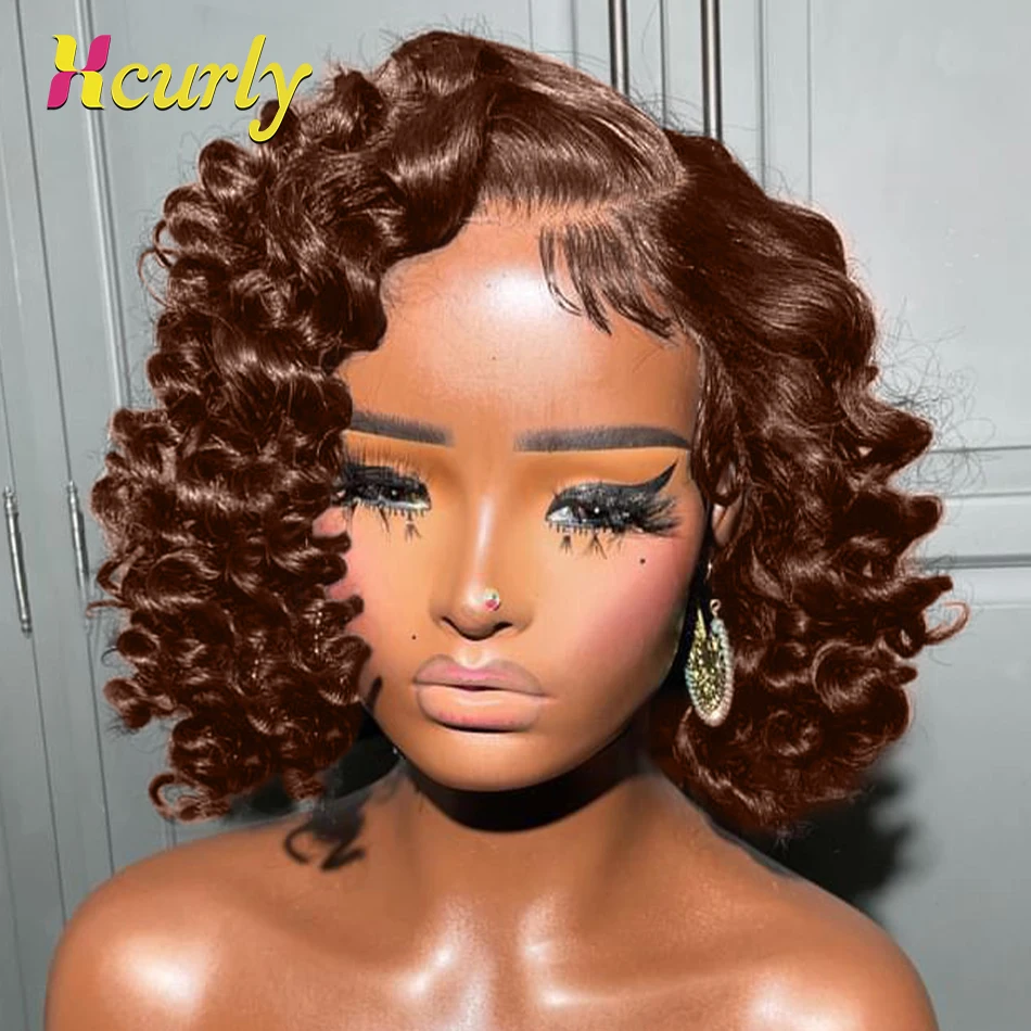 200% Chocolate Brown Short Bob Deep Curly 13x4 HD  Lace Front Wig Human Hair  Loose Wave 13x5 Transparent Lace Frontal Bob Wigs