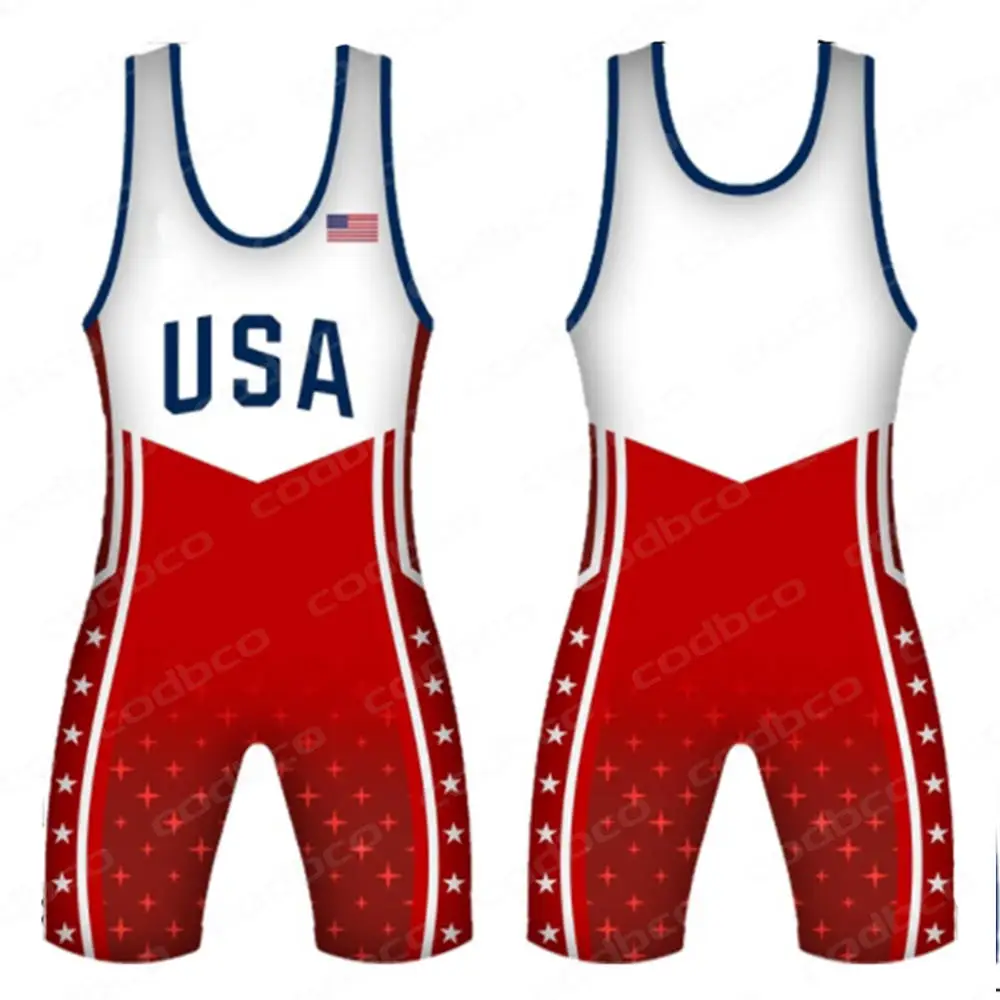 The USA Wrestling Singlets Suit Boxing One Piece Bodysuit Iron Men\'s Sports Elasticity Fitness Sleeveless Weightlifting Skinsuit