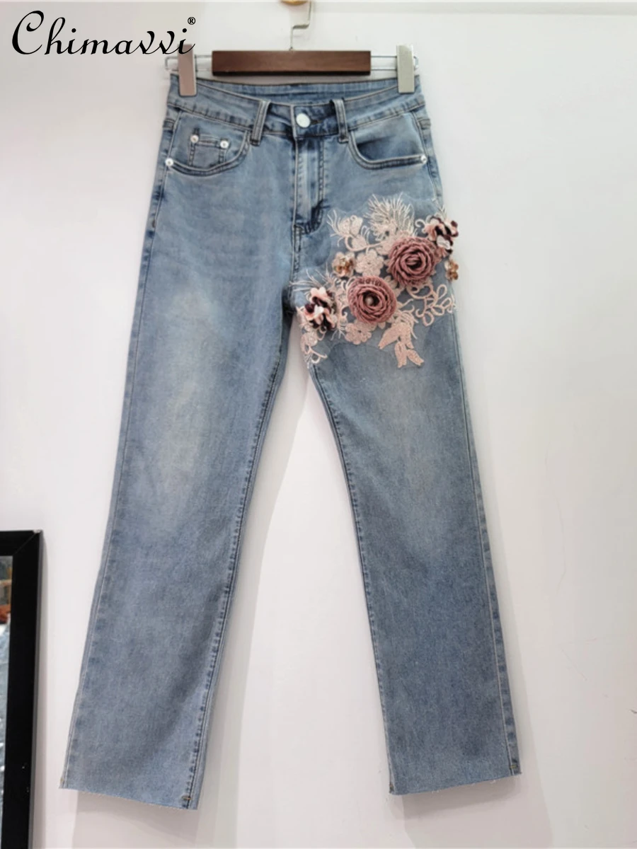 

European Spring New Light Blue Straight Embroidery Beads Plate Flower Denim Ankle-Length Pants Streetwear Slim Women's Jeans