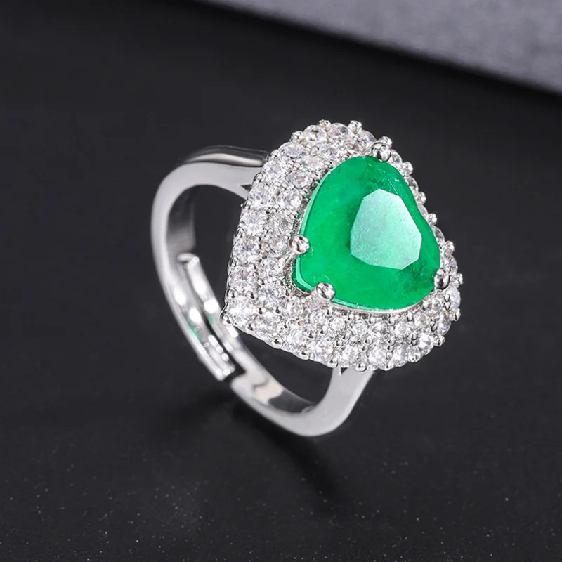 Bazhu Necklace Ring Earrings Three-Piece Set Colorful Gemstone Inlaid Diamond Emerald Heart Earrings Pendant Jewelry