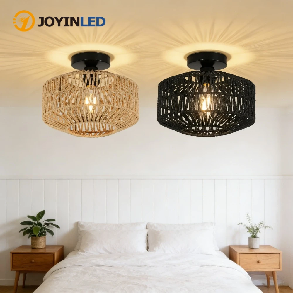 

JOYINLED потолочный светильник из ротанга E27, люстра ручной работы заподлицо для прихожей, спальни, кухни, столовой