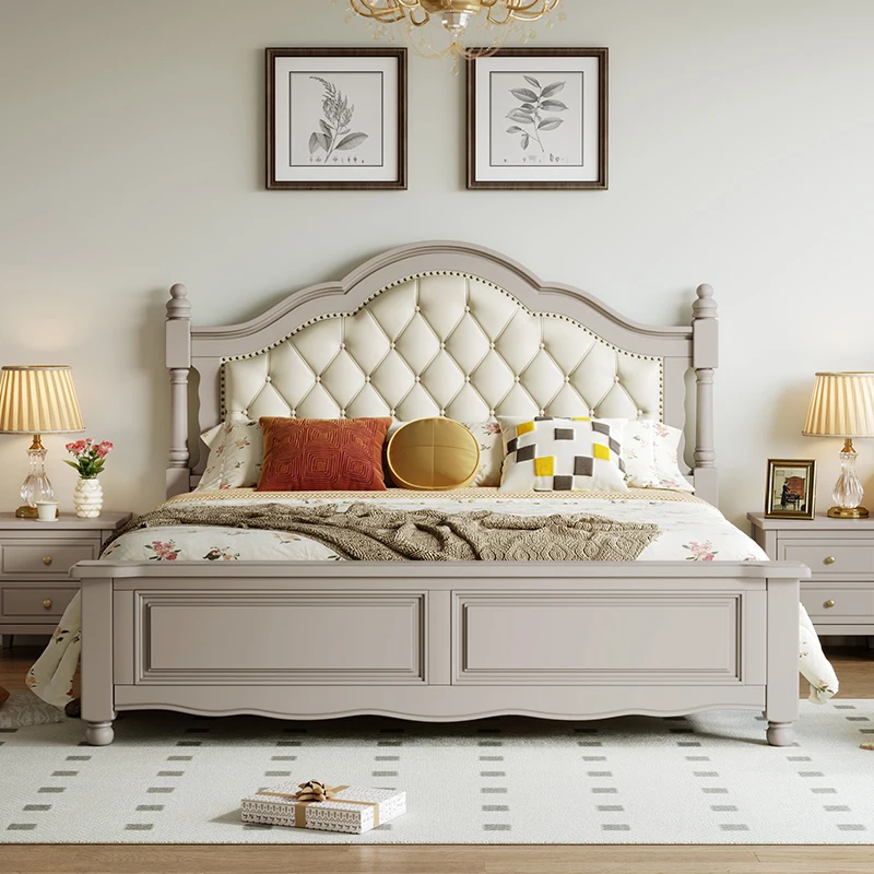 

Master bedroom high-end atmospheric leather bed 1.8 meters double French bed Morandi gray American