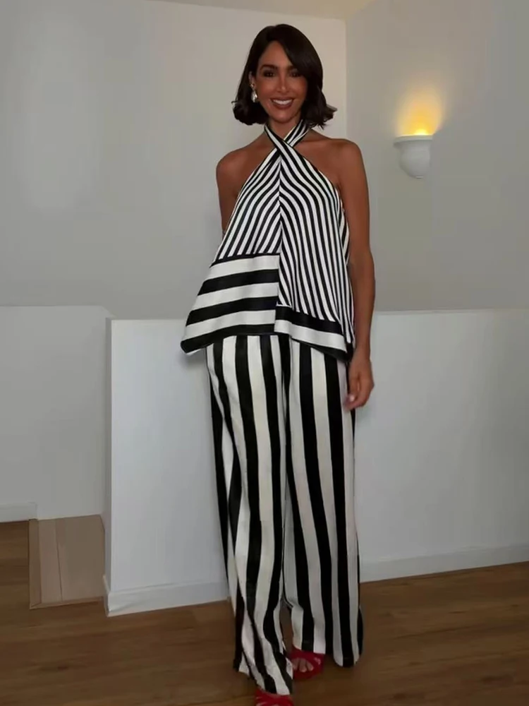 TFMLN 2026 Women's Stripe Halter Top Pant Set Sleeveless Backless Cross Neck Vest Wide Lag Pants Contrast Color Lady Suits - view 2