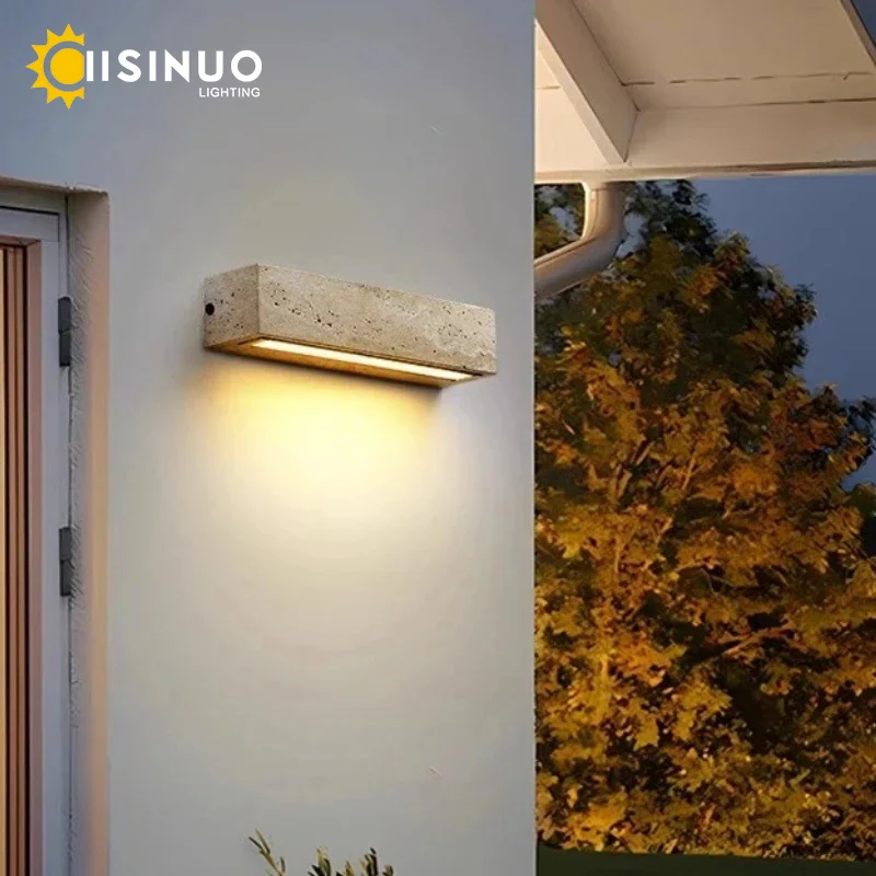 Wabi sabi Natural Stone LED Wall Lamp Yellow Travertine Porch Light IP65 Waterproof Rust-proof for Courtyard Balcony Home Bedsid
