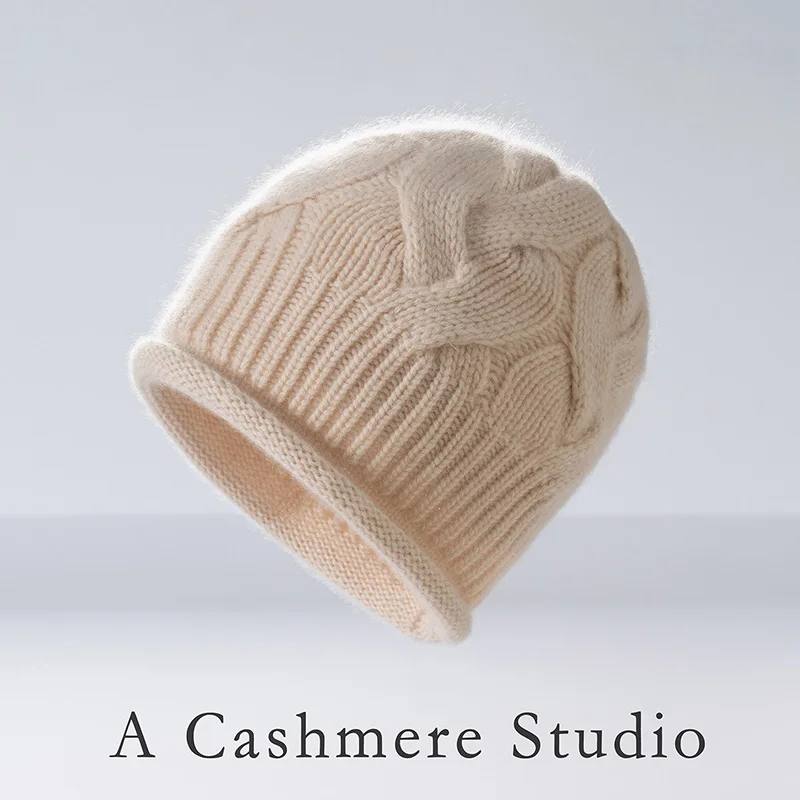 Thickened Unisex Pure Cashmere Curling Cable Hat For Men and Women Warm Knitted Beanie Cashmere Padded Leisure Hat in Winter