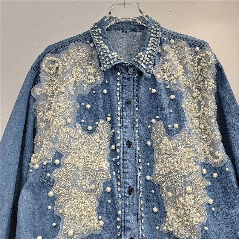 Street Hipster Beaded Denim Shirt Female 2024 Autumn New All-Match Casual Shirt Lapel Rhinestone Long Sleeve Top Women Clothes