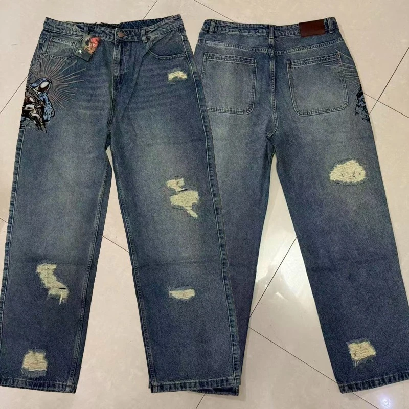 

American Summer Streetwear Derschutze Ripped Jeans High Quality Embroidery Denim Trousers