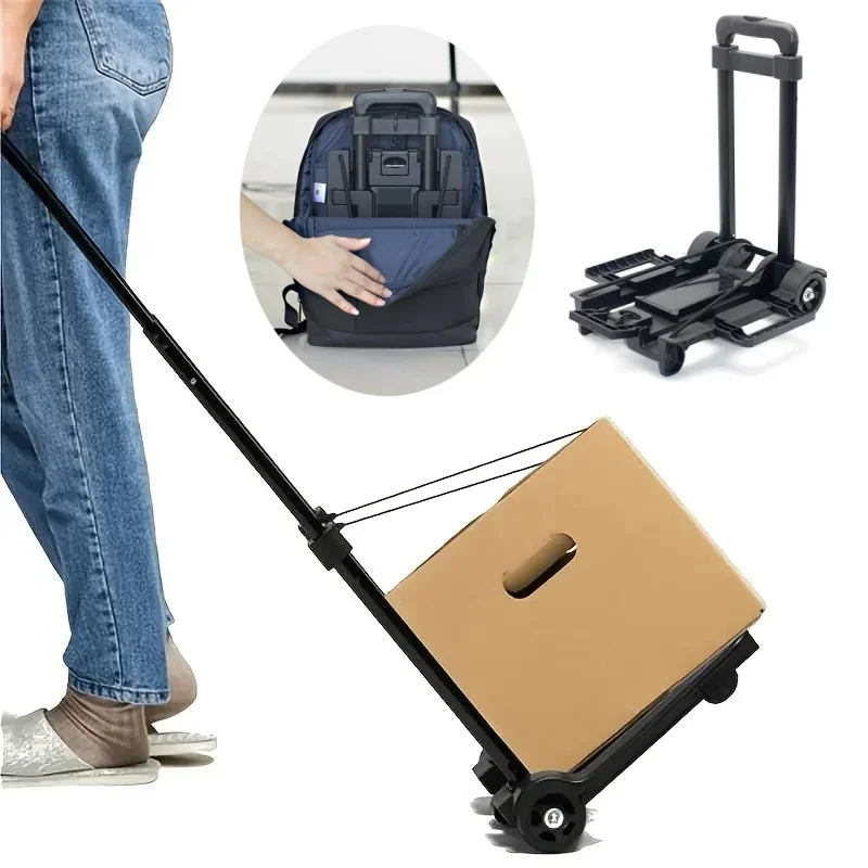 

2 Rounds Folding Hand Truck Black Small Lightweight Cart Portable Telescopic Dolly Backpack Luggage Travel Moving Shopping