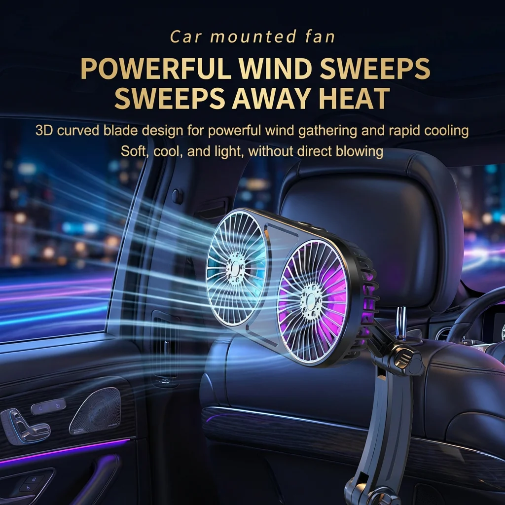 12V/24V Car Fan Multifunctional Cup Holder Fan, Strong Wind Quiet Cooling USB Desk Fan Portable Car Interior Accessories