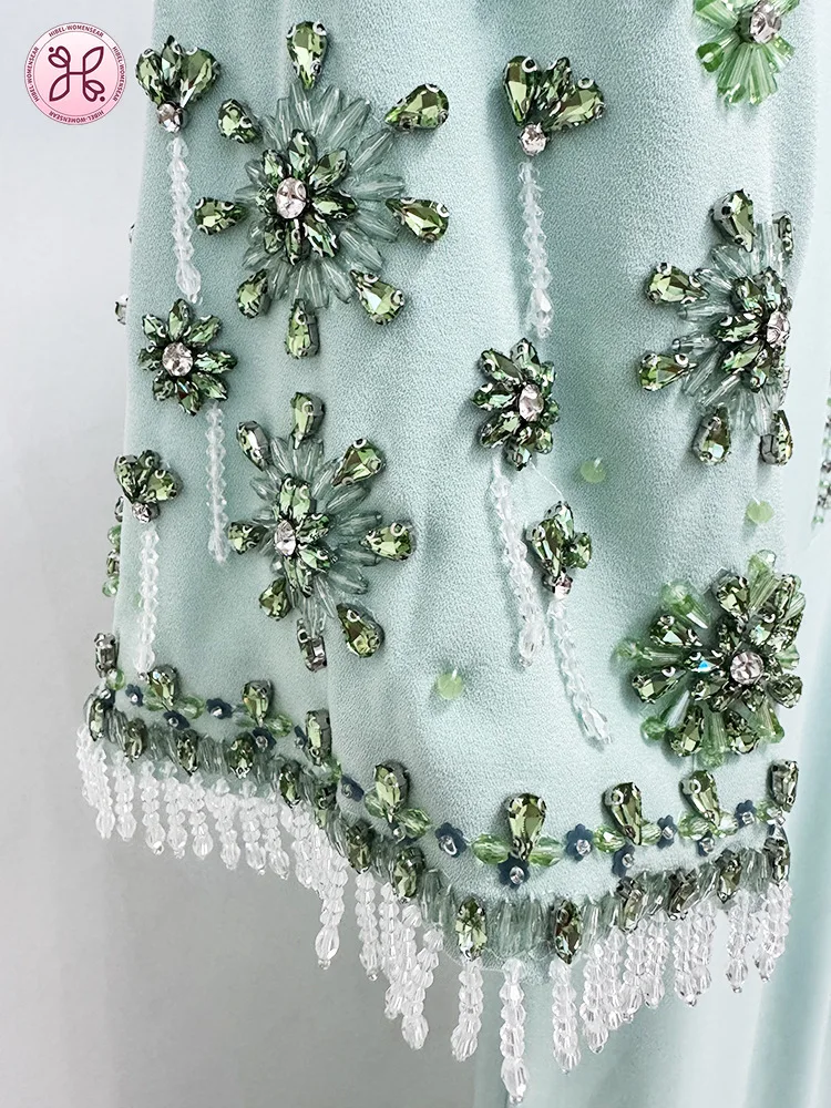 2025 Mint Green Evening Gown - Sheer Panel Beaded Long Sleeve Maxi (Women's Luxury Formal Dress)