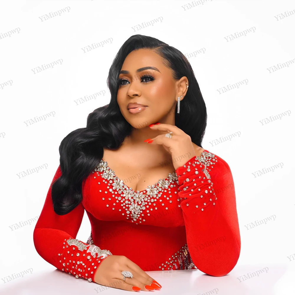 Gaun Malam Merah Diamantes Panjang Mewah 2025 Model Duyung V-Neck Berhias Berlian Imitasi Seksi Afrika Formal Pesta Prom Gala Gaun Dapat Disesuaikan
