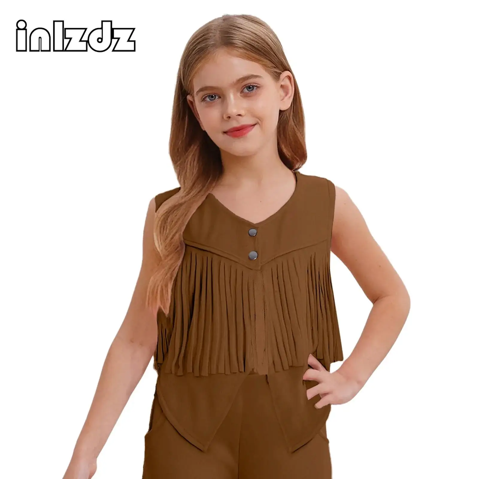 

Girls Halloween Cowgirl Cowboy Role Play Costume Children Sleeveless Irregular Hem Faux Suede Fringe Vest Waistcoat Dress Up