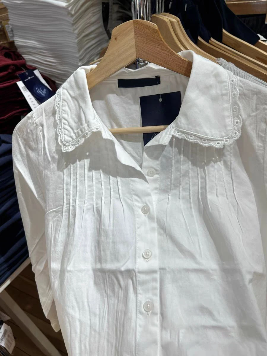 レーストリム白ひだブラウス女性ターンダウン襟シングルブレスト綿長袖シャツ固体ベーシックカジュアルブラウス Y2k トップ