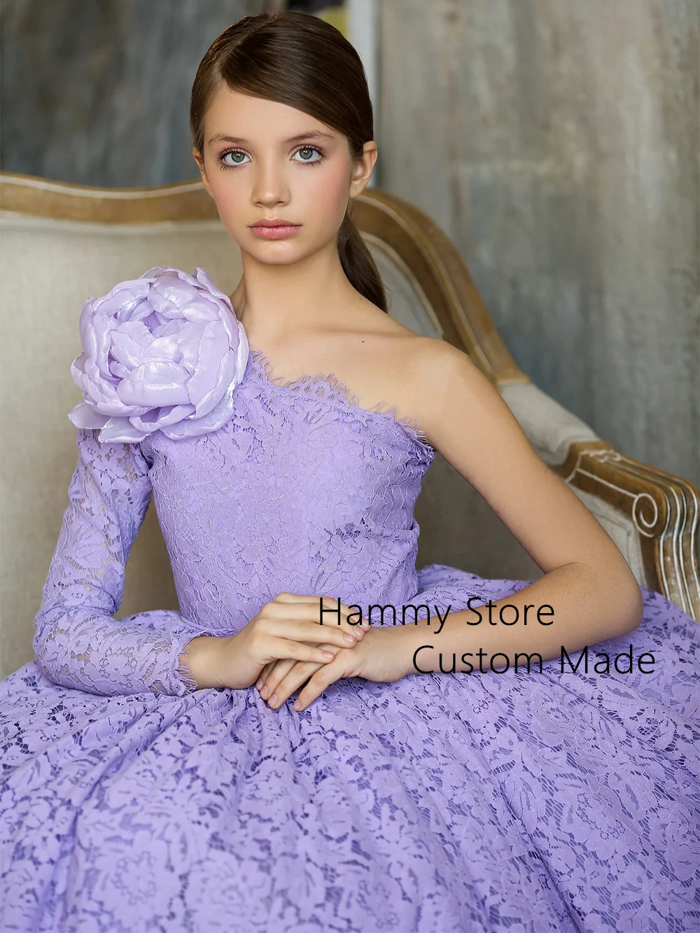 Lavender Lace Flower Girl Dress One Shoulder Long Sleeve Big Flower Puff Tea Length Princess Party Gown for Birthday Dresses