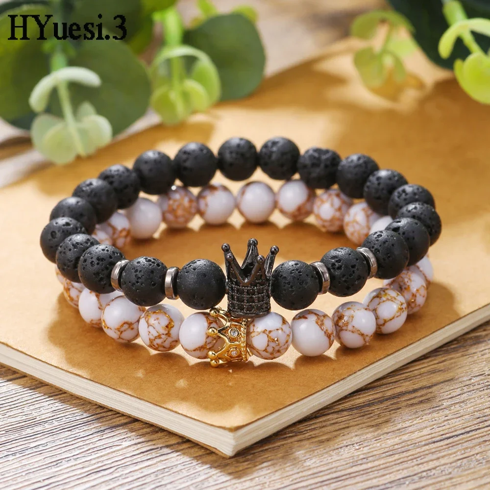 Bracciale con perline in onice nero opaco da 8mm bracciale Unisex con ciondoli a corona di diamanti re regina semplice per regali di san valentino