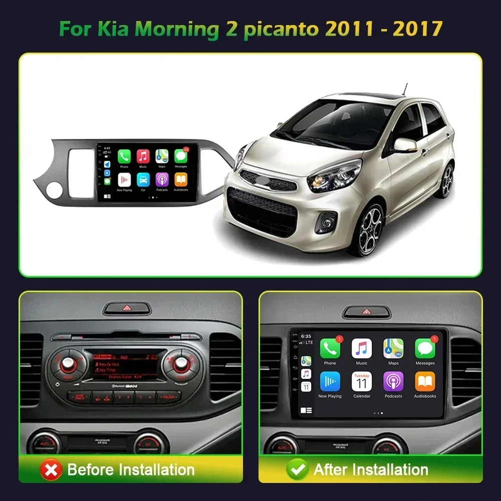 For Kia Morning 2 picanto 2011-2017 Left Handle Drive Android 13 Car Radio Multimedia 4G GPS CarPlay Head Unit Stereo screen