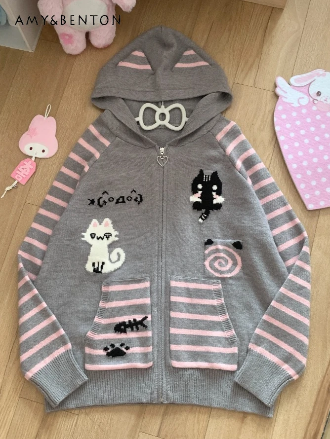 

Original Japanese Kawaii Cartoon Print Striped Cute Cardigan Autumn Winter Sweet Cute Patchwork Hooded Thick Knitted Cardigan