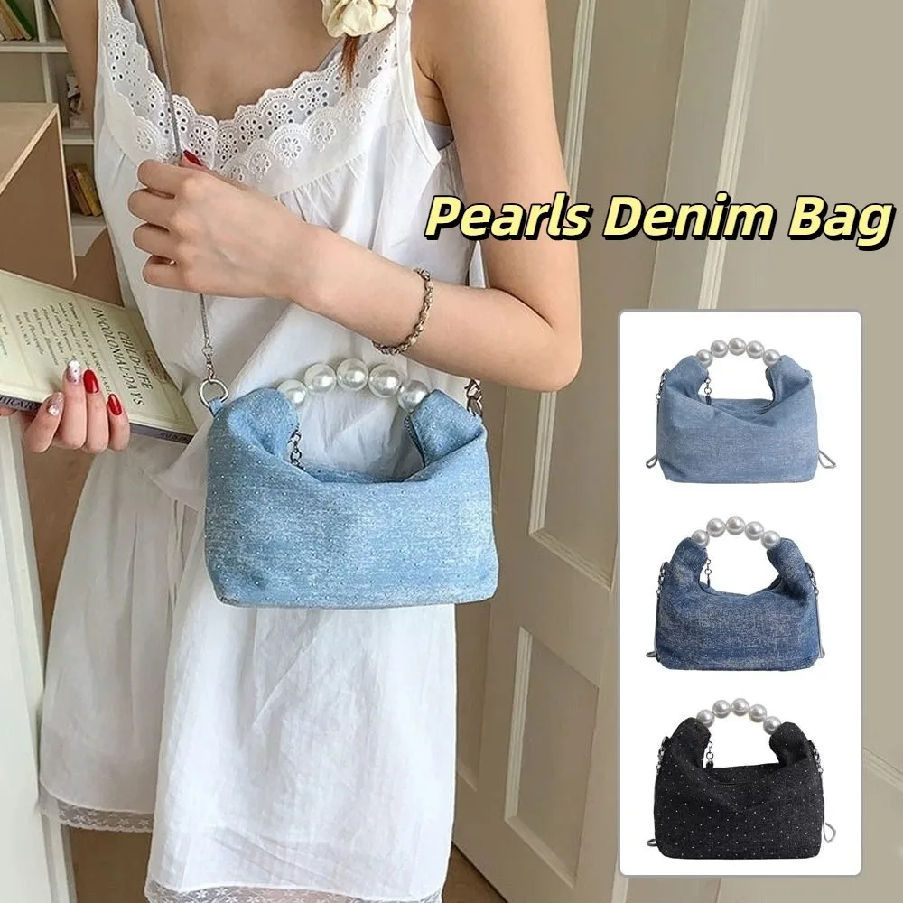 

Portable Korean Pearls Denim Bag Square Rhinestones Denim Crossbody Bag Small Casual Women's Handbags Party