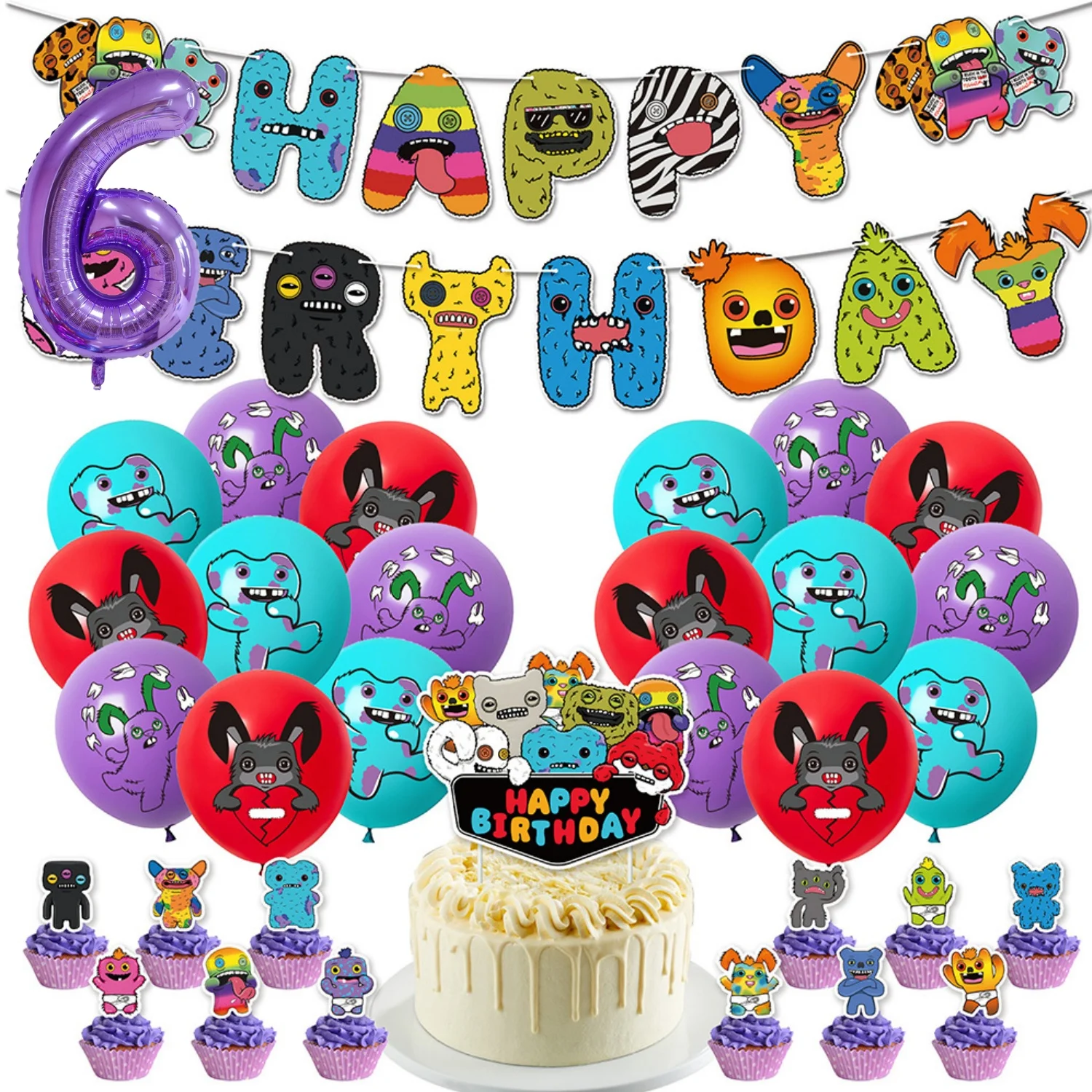 Décorations de fête d'anniversaire Fuggler : Monstre humoristique et étrange aux dents moches – Ensemble de ballons, bannière et décorations pour cupcakes pour fournitures de fête d'enfants